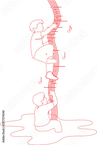 Children playfully ascend a giant musical staff, surrounded by floating notes and melodies
