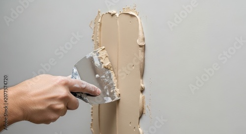 A close-up view of a hand using a metal putty knife to smooth plaster on a drywall surface