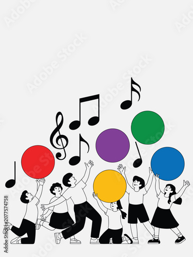 Children playing happily with large colorful circles and floating musical notes