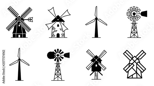 Wind turbines and mill icons set.