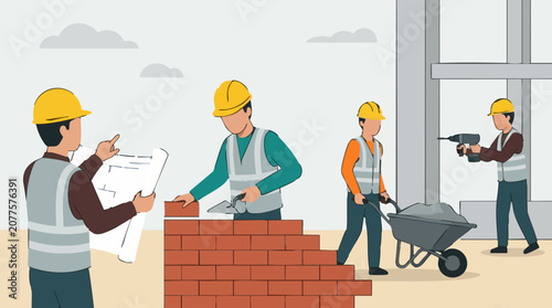 Obraz na płótnie Construction Workers Building at a Job Site with Tools and Blueprints