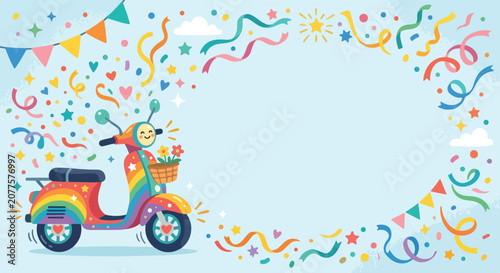 Quadro su tela A festive and colorful illustration features a rainbow-themed moped surrounded by confetti, streamers, and stars on a light blue frame background