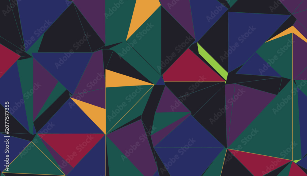 Fototapeta premium Colorful low poly abstract geometric background featuring a mosaic of dark blue, purple, teal, and red triangles.