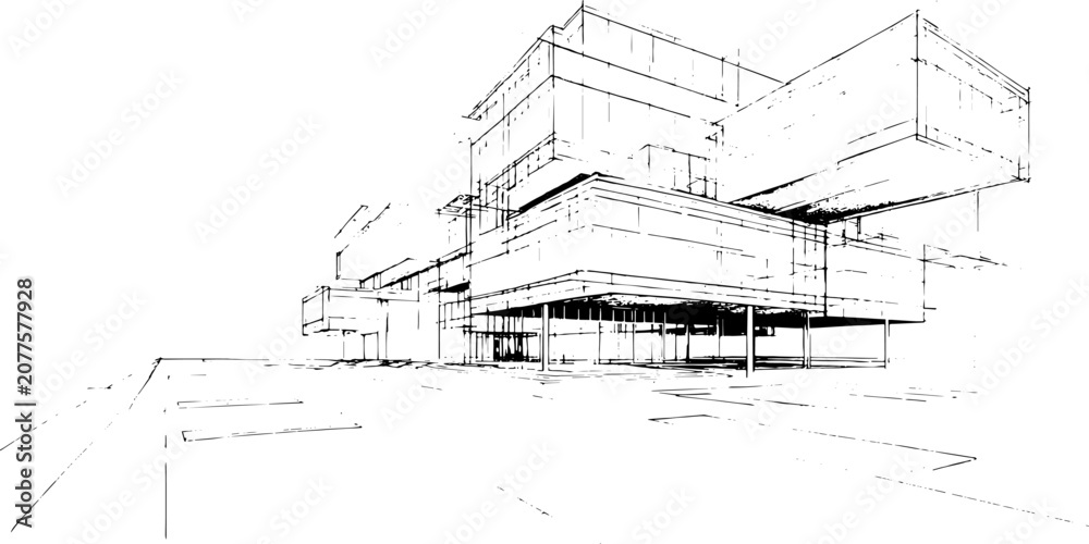 Fototapeta premium Hand Drawn Architectural Building and House Sketch Blueprint Design with Detailed Construction Plan Illustration for Urban Architecture Project and Engineering Concept