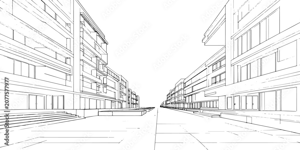 Fototapeta premium Black and white sketch of an urban street with buildings, houses, bridge and road, vintage city architecture illustration with architectural details