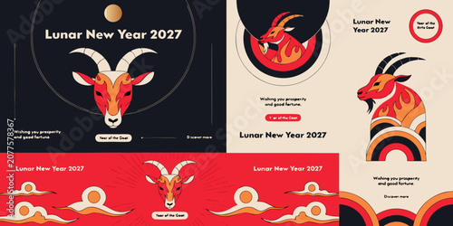 Lunar new year 2027 year of the fire goat social media templates with horoscope template celebration prosperity astrology traditional minimalist greeting marketing creative decorative
