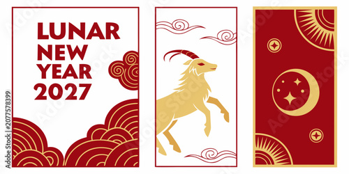 Lunar new year 2027 minimalist vertical banners with golden goat motif and cloud patterns celebration festival cultural traditional greeting template ornament prosperity horoscope
