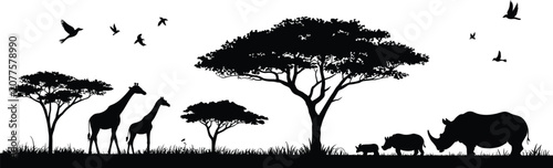 Photography African savanna landscape silhouette with giraffes, rhinos, trees and birds on a