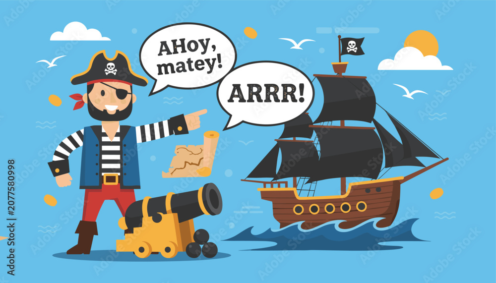 Naklejka premium Smiling cartoon pirate mascot standing by his cannon and treasure map with a majestic pirate ship on the sea.