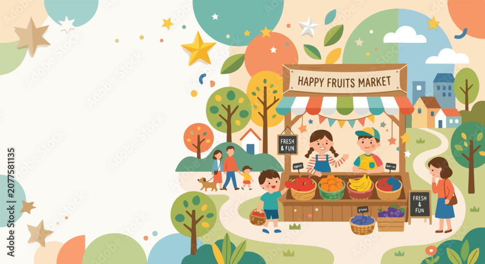 Naklejka premium This vibrant vector illustration depicts a cheerful fruit market stall run by children, set in a whimsical park with happy customers and a dog.