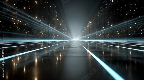 Digital Highway of Lights: A futuristic abstract scene depicts a luminous digital highway with glowing blue lines and scattered golden particles.
