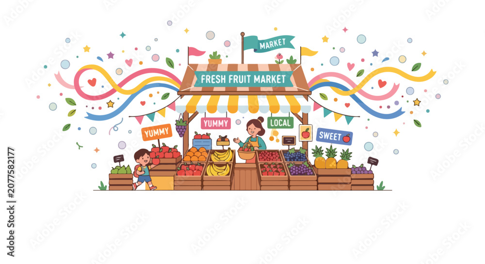 Fototapeta premium A vibrant vector illustration depicts a friendly vendor at a fresh fruit market stall, where a young boy is excitedly choosing a bright red apple.