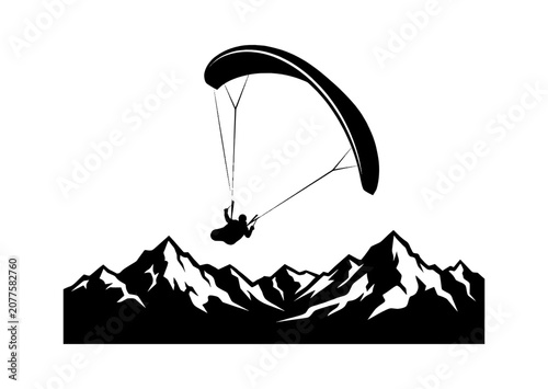 Paraglider silhouette flying over high mountain peaks isolated on transparent background, Vector