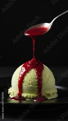 Red Berry Sauce Drizzling over Green Sorbet Ice Cream Scoop Close-up