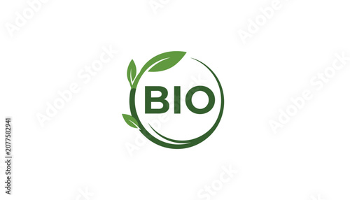 Bio organic food emblem design featuring green leaves inside a circular frame isolated on a white background.