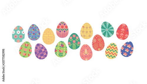 Large collection of fifteen beautifully decorated Easter eggs with colorful floral and geometric patterns in rows.