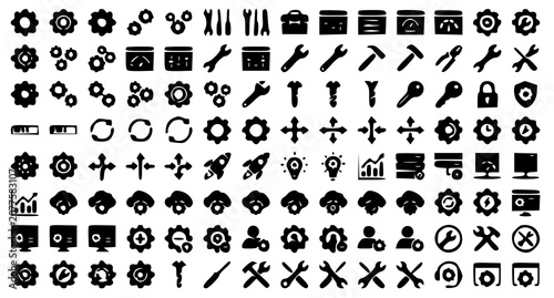 Photos Settings glyph solid icon set with gear tools and configuration symbols vector