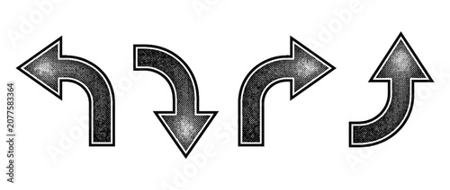 A dynamic depiction of curved halftone arrows in vector format represents various navigational turns and movements, adding artistic flair to directional illustrations.