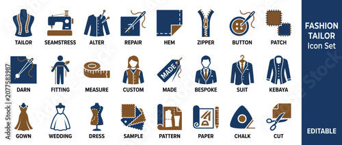 Schilderij op canvas Fashion Tailor Icon Set: Sewing, Custom Clothing, Bespoke Suits, and Apparel Des