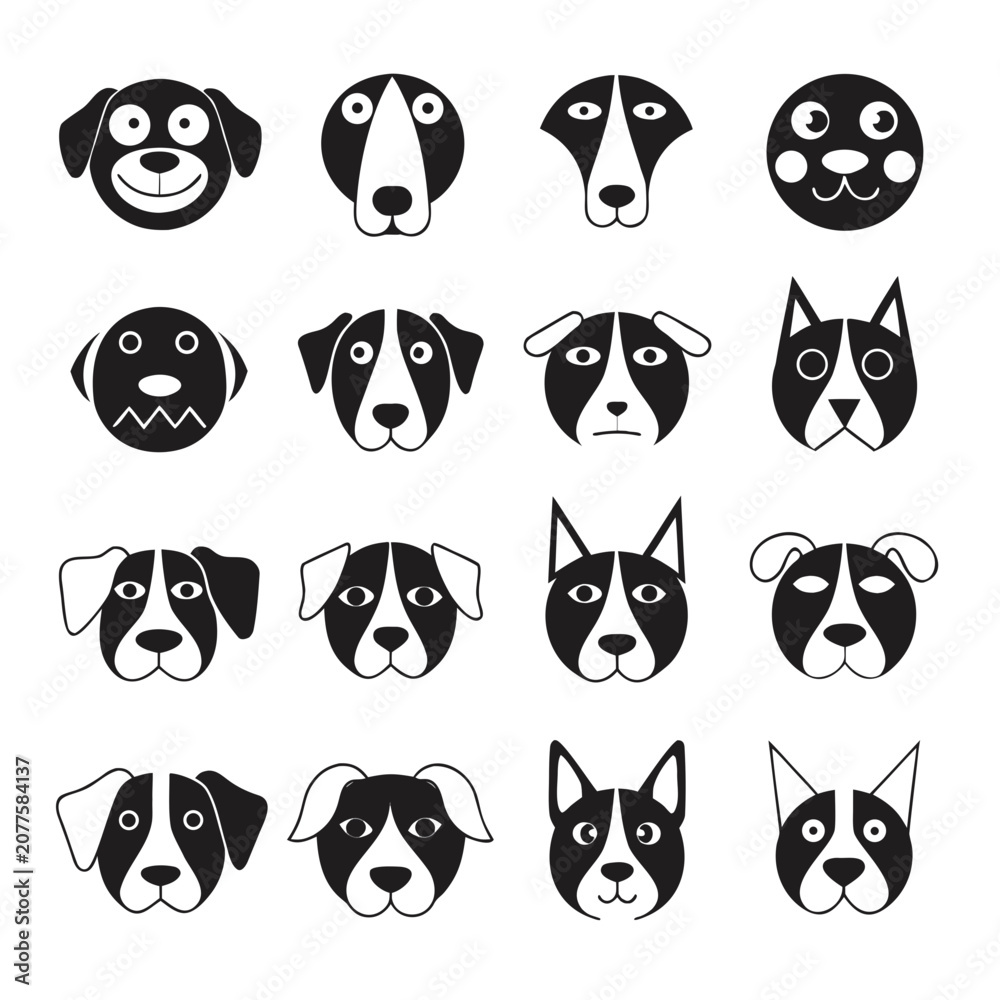 Naklejka premium Set of cute dog face icons in flat black and white style