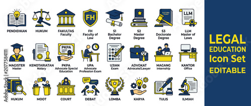 Legal Education Icon Set: Law School, Justice, Degrees, Court, Lawyer, Study