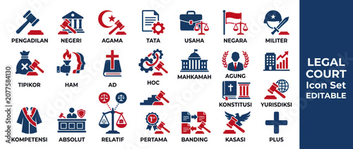 Legal Court Icons Set: Justice, Law, Constitution, Gavel, Scales, Courtroom, Military