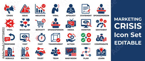 Marketing Crisis Icon Set: Strategy, Management, and Communication Symbols