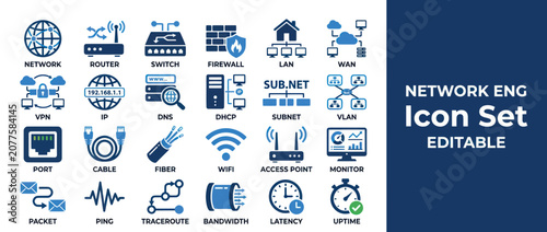 Network Engineering Icon Set: Internet, Router, Firewall, VPN, WiFi, Data Icons