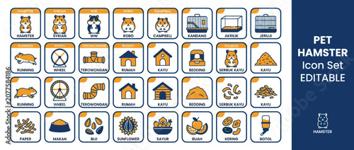 Pet Hamster Icon Set: Cute Animals, Cages, Food, Houses, Wheels, and Toys