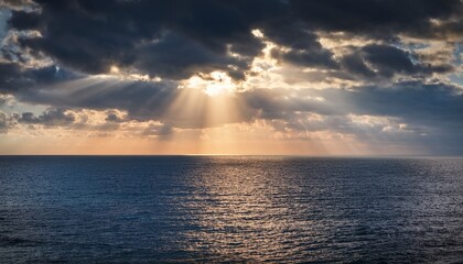 Sunlight Rays Breaking Through Dramatic Clouds Over A Vast Ocean Horizon Peaceful Seascape With Cinematic Sky And Calm Atmospheric Depth Realistic Detail No Logos