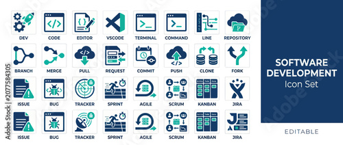 Software Development Icon Set: Coding, Agile, Git, Bugs, Project Management