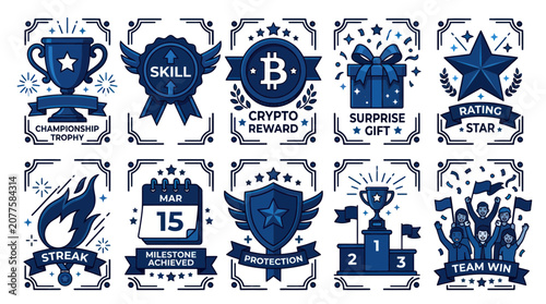 Set of Crypto Rewards and Achievements Icons: Trophy, Star, Gift, Calendar, Podium, Team Win