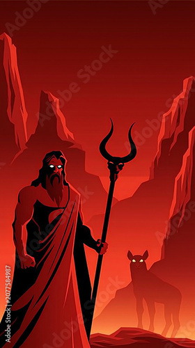 Hades the Greek god of the dead stands within a flaming underworld landscape holding his iconic bident staff beside a loyal hellhound amidst sharp mountain peaks in a bold red graphic illustration ...