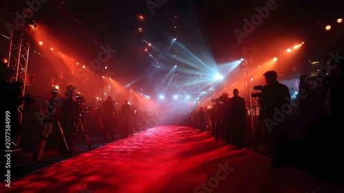 Red carpet event with dramatic lighting and silhouettes of people.