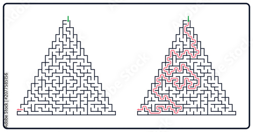 Triangle maze puzzle worksheet for kids and adults. Unsolved and solved square grid labyrinth riddle with green entrance arrow, exit and red solution path. Vector illustration isolated on white