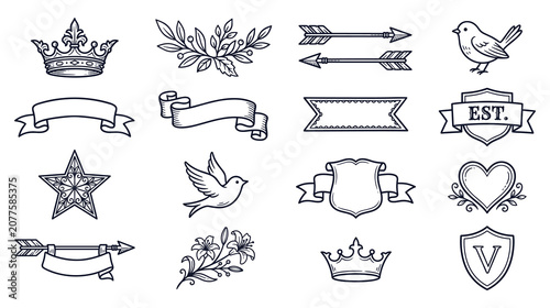 Obraz na płótnie Vintage heraldic design elements set with royal crowns banners scrolls and shield shapes