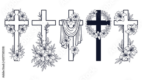 Konstfotografi Religious crosses with floral decorations, lily flowers, and draping fabric, vector set