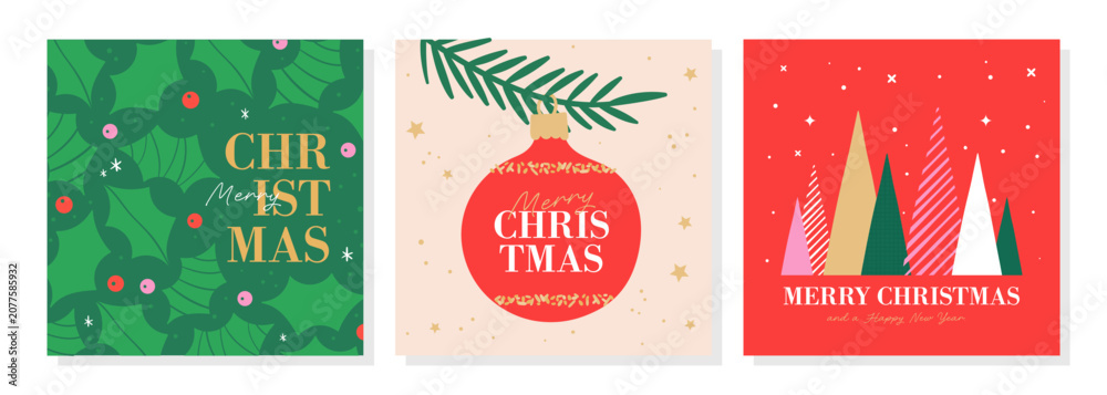 Naklejka premium Set of cute Christmas greeting card design. Vector illustrations.