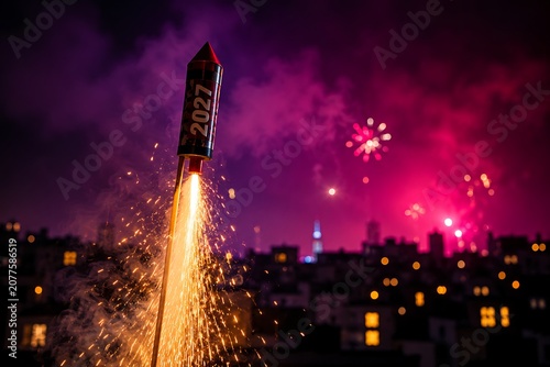 Rocket Launch at Night with Fireworks in the Sky and City Skyline
