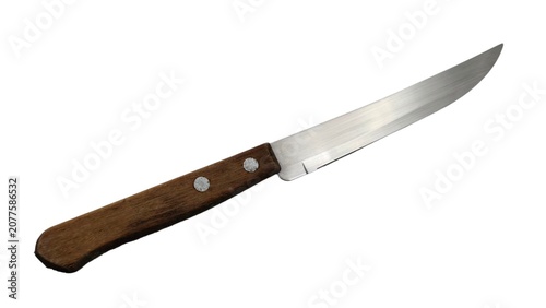 Top view of a traditional kitchen utility knife with a wooden handle and stainless steel blade, isolated on white background.