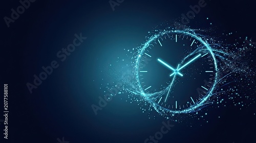 Glowing digital clock face with futuristic blue light trails on dark background