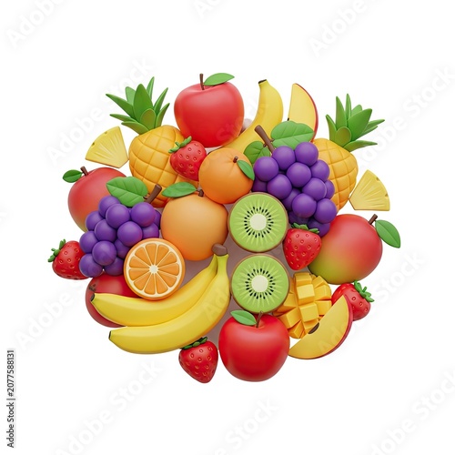 Vibrant 3D Rendered Assortment of Fresh Fruits on White Background.