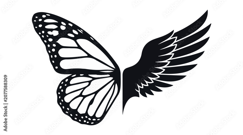 Fototapeta premium Unique butterfly with bird wing hybrid creature flying isolated on white background, symbolizing transformation and freedom