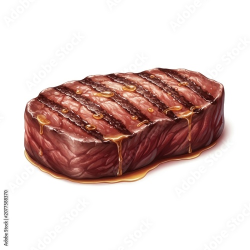 Perfectly Grilled Steak with Sizzling Juices on White Background.