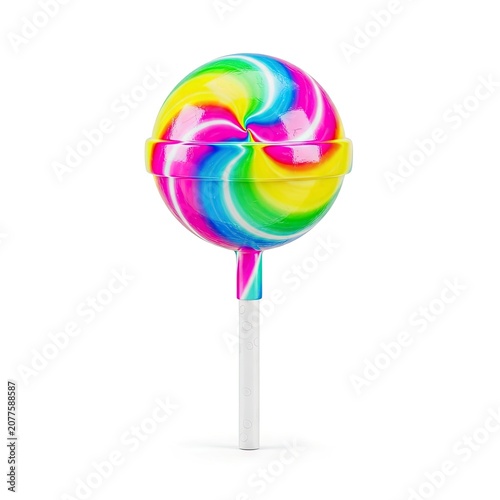 Vibrant Rainbow Swirl Lollipop Candy on White Background.