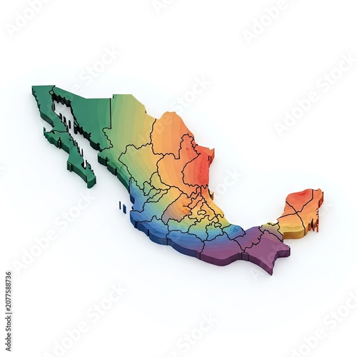 Rainbow Colored 3D Map of Mexico with States Highlighted on White Background.