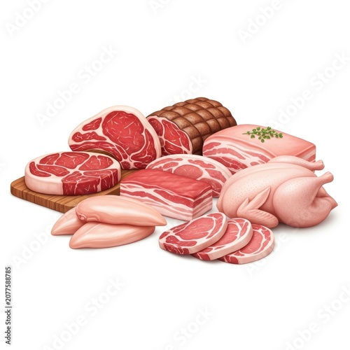 Assortment of Fresh Raw Meats Including Beef Pork and Chicken Cuts.