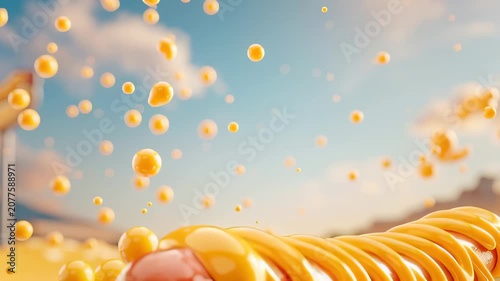 Experience the vibrant energy of a classic hot dog in mid air! This high resolution image features a perfectly cooked hot dog in a fluffy bun, generously drizzled with rich yellow mustard
