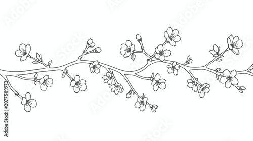 Elegant black and white botanical branch with blossoms captured in a delicate decorative lineart illustration.