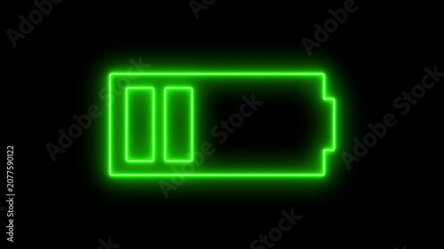 Neon line battery charging icon animation, Running from full to low cell phone battery. 4K video